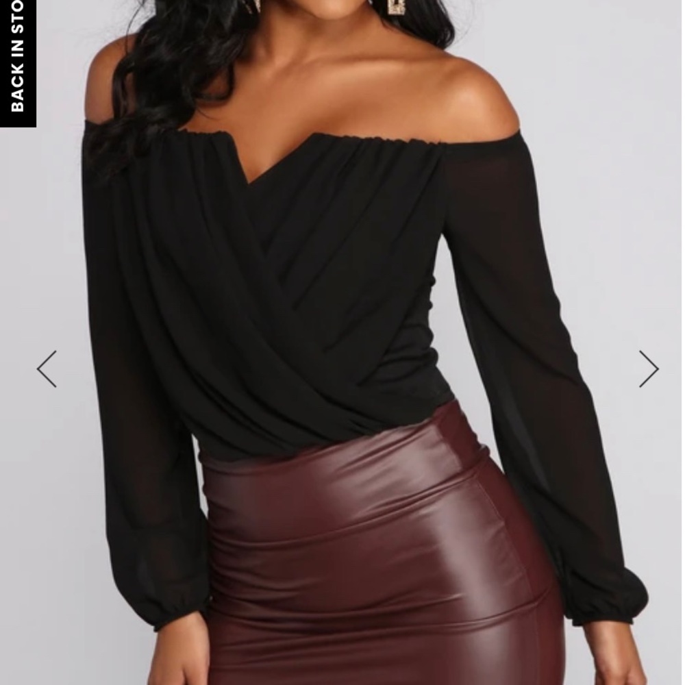 “v” off-shoulder crop top w/ sheer long sleeves